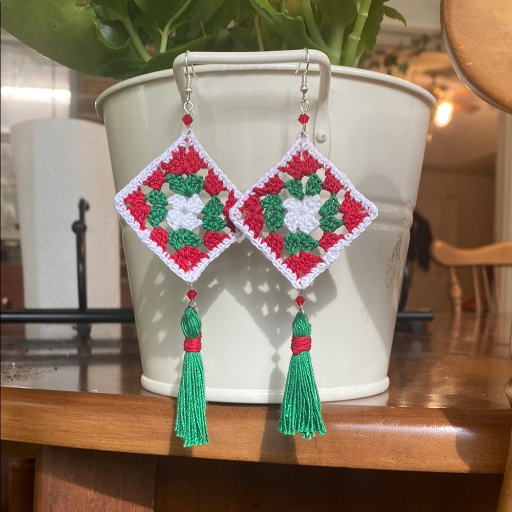 Handmade Red and Green Crochet Earrings